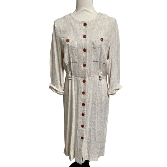 Peri Petites Flax Blend Button Front Midi Dress Beige Linen Look Made in USA M - Picture 1 of 15